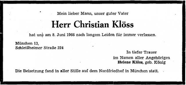 Kloess Christian 1888-1966 Todesanzeige